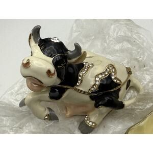 Jeweled Enameled Pewter White Cow Hinged Trinket Jewelry Box by Terra Cottage